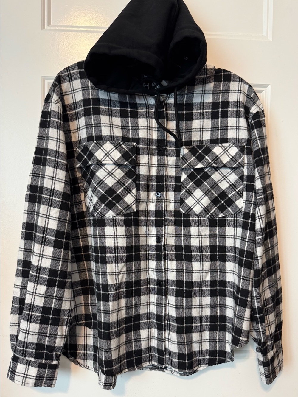 Forever 21 Hooded Plaid Flannel Shirt Jacket Black White Size L